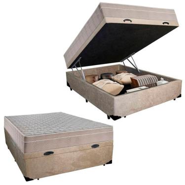 Imagem de Cama Box Baú Casal Suede + Colchão SerenePrime  Molas Ensacadas 138x188x69 Bege