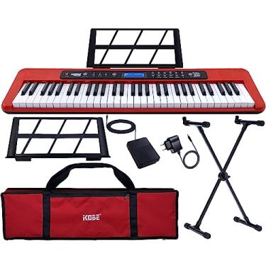Imagem de Kit Teclado Musical Estudante Kobe KB-300 5/8 61 Teclas Sensíveis ao Toque com Pedal Sustain Capa Vermelha e Suporte