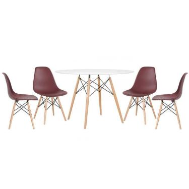 Imagem de Mesa Redonda Eames 120cm Branco + 4 Cadeiras Marrom