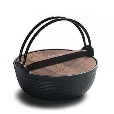 Imagem de NOVO Pote Sukiyaki, panela de ferro fundido, panela de sopa, frigideira antiaderente não revestida engrossada, panela quente com tampa de madeira (diâmetro 29 cm)