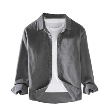 Imagem de Camisa masculina de veludo cotelê primavera outono cor sólida gola virada para baixo camisa masculina manga longa algodão solto, Cinza, P