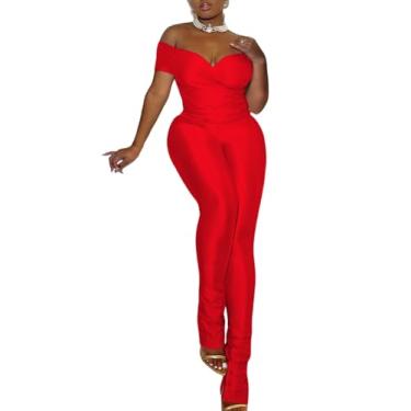 Imagem de Remelon Conjunto de 2 peças para mulheres, blusa com ombro de fora, calça rodada, roupa de treino, Vermelho, G