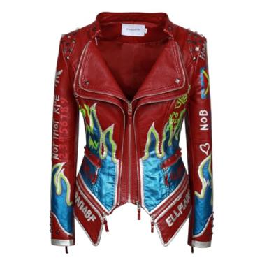 Imagem de FUYUAN Jaqueta feminina moderna de couro artificial perfeitamente moldada jaqueta de motocicleta punk graffiti, Vinho tinto, G