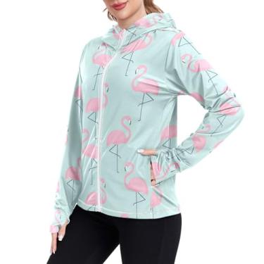 Imagem de JUNZAN Moletom feminino com capuz flamingos tropical FPS 50+ proteção UV camisetas de pesca para mulheres com capuz de corrida, Flamingos Tropical, G