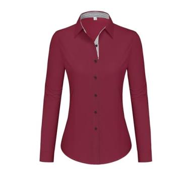 Imagem de siliteelon Camisas femininas com botões de algodão e manga comprida para mulheres, sem rugas, blusa de trabalho elástica, Vinho tinto, XXG
