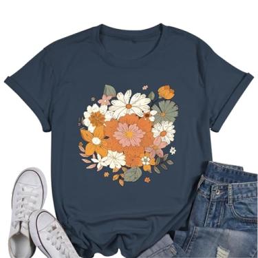 Imagem de Fkatuzi Camiseta feminina floral Boho com estampa de flores silvestres natureza vintage floral camiseta de algodão botânico, Azul marinho, P