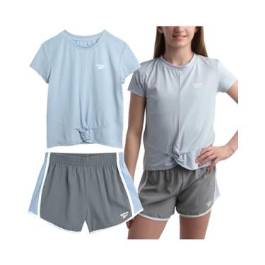 Imagem de Reebok Conjunto de shorts para meninas - Camiseta de manga curta com shorts de ginástica de tecido macio - Conjunto casual Athleisure para meninas (7-12), Azul claro claro, 8