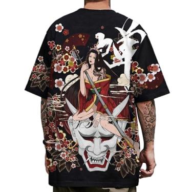 Imagem de XYXIONGMAO Camiseta masculina com estampa de geisha kanji preta japonesa unissex anime streetwear hip hop, Preto, G