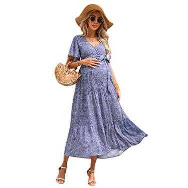 Imagem de FUNJULY Vestido feminino para gestantes, gola V, manga bufante, plissado, para chá de bebê ou uso casual, Floral azul, P