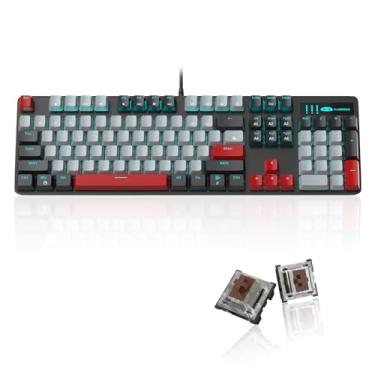 Imagem de MageGee Teclado mecânico para jogos, teclado retroiluminado azul com 104 teclas com interruptores marrons e teclas duplas, teclado mecânico com fio USB para laptop, desktop, PC Gamers (preto e cinza)