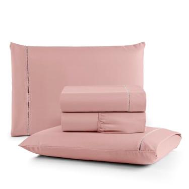Imagem de Jogo de Cama Jogo de lençol Casal Queen Percal 400 Fios Ponto Palito 04 Peças Lençol com Elástico, Antiácaro, Não faz bolinha Toque Extra Macio (ROSÊ)