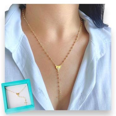 Imagem de Colar Terço Católico Feminino Banhado ouro Semijoia Dourado - Santo Es