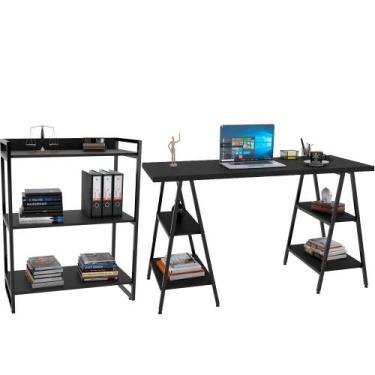 Imagem de Kit Mesa Cavalete 150 cm com Estante 3 Prateleiras Estilo Industrial F