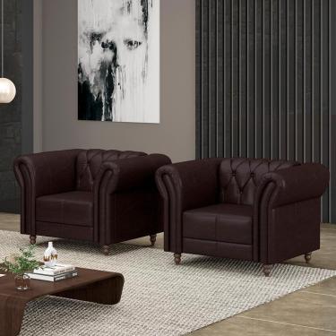 Imagem de 2 Poltronas Decorativas Stanford Chesterfield Pés De Madeira Couro Wine Vinho G58 Gran Belo