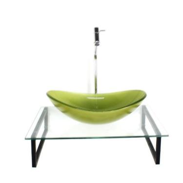 Imagem de Kit cuba de vidro oval 10mm verde oliva tampo 50cm incolor com suporte