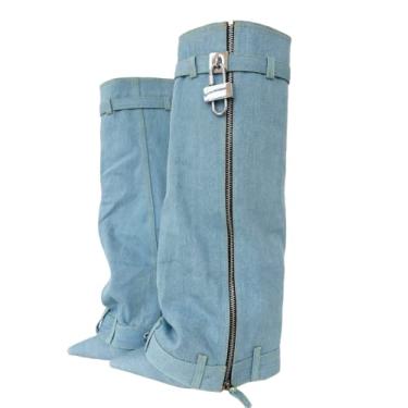 Imagem de Frankie Hsu Bota de tubarão moderna sexy feminina masculina tamanho grande couro sintético verde cunha salto alto joelho salto alto bota calça longa EUA 4-14, Azul claro, 35