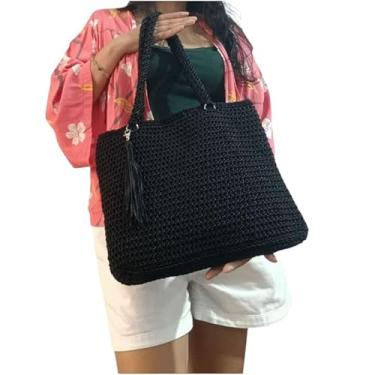 Imagem de Bolsa Crochê sacola de Fio Náutico bag Femenina Ombro praia (Preto)