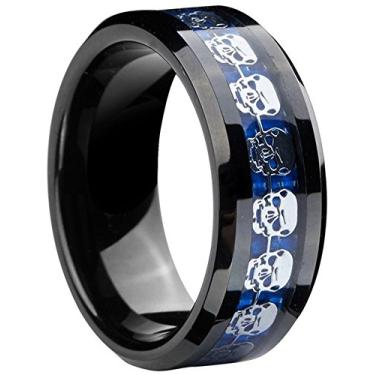 Imagem de AZYOUNG – Anel de casamento masculino de carboneto de tungstênio incrustado com folhas de caveiras de fibra de carbono azul royal – 8 mm