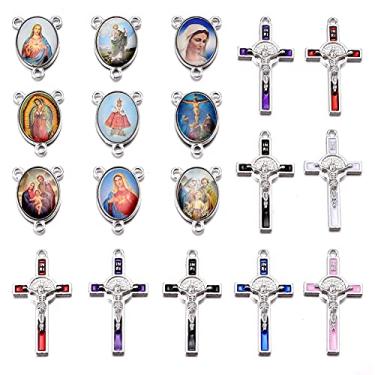 Imagem de 60 Pcs/30Set Mixed Color Enamel Rosary Cross Alloy Center Crucifix Cross Pendants Mixed Style Oval Picture Enamel Catholic Charms Saint Mary Miraculous Medal Devotional Charm Links Connector Pendant DIY Necklace Bracelets Jewelry Making (Mixed Color 2)