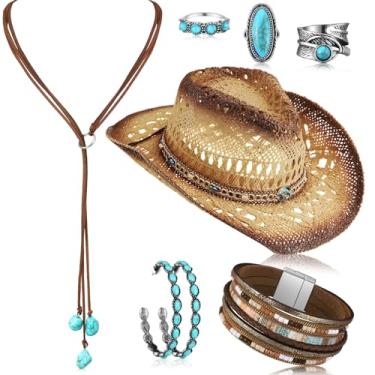 Imagem de Ecally Conjunto de 7 peças de joias boho chapéu de cowboy de palha com colar turquesa vintage pulseira de rodeio brincos pendentes para mulheres, liga metálica, turquesa, couro artificial, Turquesa