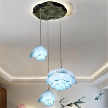 Imagem de OUFULA Luminária pendente de lótus contemporânea chinesa retrô criatividade sala de estar restaurante quarto villa hotel decoração led lustre (Blue 3 lights)
