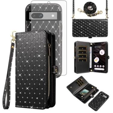 Imagem de Asuwish Capa de celular para Google Pixel 7A 5G 2023 com zíper carteira destacável com protetor de tela de vidro temperado alça transversal alça flip glitter porta-cartão slot Pixel7A A7 mulheres