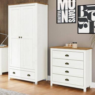 Imagem de Conjunto Quarto Guarda-Roupa 2 Portas, Cômoda 4 Gavetas Branco/Freijó Topázio Madeira P...