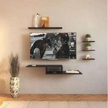 Imagem de Rack Suspenso Cor Preto Para Quartos e Salas com Prateleiras e Nicho P