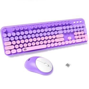 Imagem de FD Combo de teclado e mouse sem fio – 2,4 G de tamanho completo, lindo mouse colorido e teclado com 104 teclas redondas, teclado de máquina de escrever retrô para laptop/Windows/PC - gradiente roxo