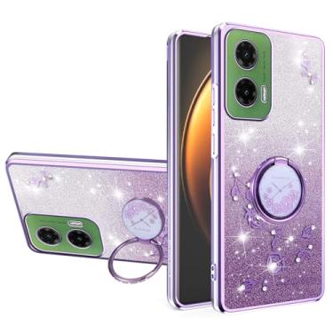 Imagem de MRRSIWEI Capa para Motorola Moto G75 para mulheres e meninas, capa à prova de choque com flores brilhantes e brilhantes com suporte de anel para Motorola Moto G75. Flores roxas