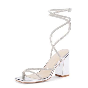 Imagem de Coutgo Sandálias Femininas De Salto Grosso Com Cadarço E Strass, Bico Quadrado Aberto, Salto Alto Em Bloco, Sapatos De Casamento, Prata, Tamanho 7,5