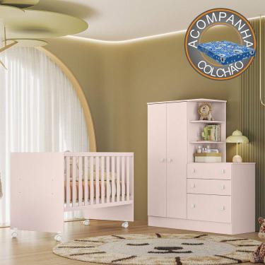 Imagem de Quarto de Bebê com Berço Reto e Roupeiro Doce Sonho Rosa Qmovi + Colchão Ortobom
