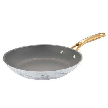Imagem de ONGIFT Frigideira antiaderente, frigideira de 25 cm, fácil de limpar, utensílios de cozinha, sem PTFE e PFOA, leve, durável, compatível com todos os fogões, frigideira de cozinha mármore branco