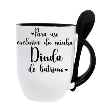 Imagem de Caneca Preta Colher Dinda Madrinha Batizado Batismo Bebê - GMH Prod. S