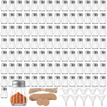 Imagem de Pacote com 100 mini saleiros e pimenteiros de vidro a granel, saleiro e pimenteiro, pequenos dispensadores de temperos de queijo parmesão, minúsculos estilo retrô com 10 mini funis de plástico, 100