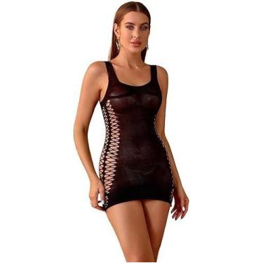 Imagem de Mini vestido body lingerie sexy arrastão com strass sensual - PINK BAB