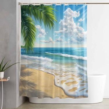Imagem de Ruian Store Cortinas de chuveiro para banheiro-183 x 183 cm, conjunto de cortina de banho impermeável de palmeira de praia de verão com ilhós, conjunto de cortina de chuveiro com ganchos, acessórios