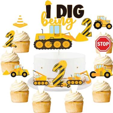 Imagem de 41 Pcs Construction 2nd Birthday Cupcake Topper Dump Truck Two Years Old Cake Topper Excavator Tractor Two Cake Food Picks Decorations for Construction Theme 2nd Birthday Party Cake Supplies