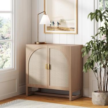 Imagem de Nathan James Paxton Armário de armazenamento de madeira moderno de meados do século com portas, armário de armazenamento arqueado para sala de estar ou cozinha com detalhes de porta de vime, carvalho