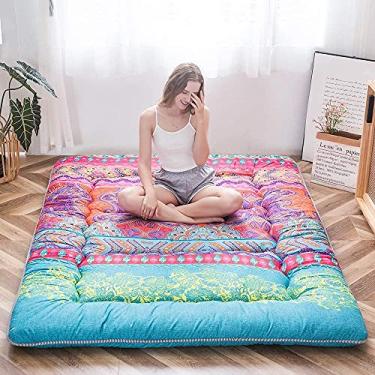 Imagem de MAXYOYO Colchão retrô boêmio estilo floral boho futon japonês colchão tatame tapete dobrável espreguiçadeira portátil acampamento almofada de dormir sofá cama tamanho solteiro