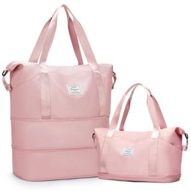 Imagem de Bolsa de viagem expansível para mulheres e homens, bolsa de ginástica grande, bolsa de fim de semana com bolso molhado, bolsa de mão à prova d'água, aprovada por companhias aéreas, rosa, Bolsa de