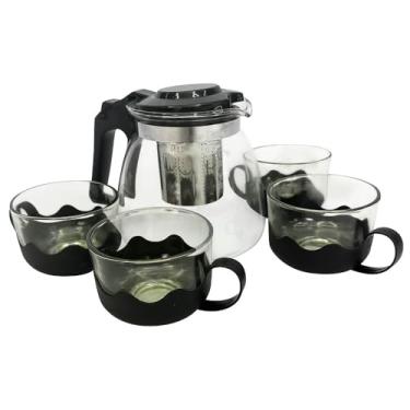 Imagem de Conjunto de Chá com Bule de Vidro 1L, Infusor em Inox, 4 Xícaras de 150ml, Preto