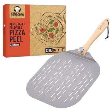 Imagem de Chef Pomodoro Casca de pizza perfurada de metal de alumínio com cabo de madeira dobrável para armazenamento fácil, espátula de pizza, pá de pizza de luxo gourmet para assar pão de pizza caseiro (36 x