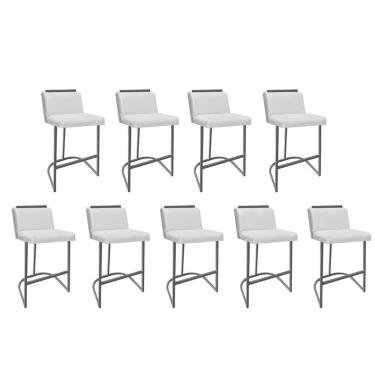 Imagem de Kit 09 Banquetas Com Encosto Confort Bistrô Cozinha Ferro Cinza Corino Branco Amey Decor