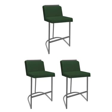 Imagem de Kit 03 Banquetas Com Encosto Nynna Luxo Confort Bistrô Cozinha Ferro Cinza Suede Verde - Amey Decor