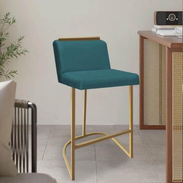 Imagem de Banqueta Com Encosto Confort Bistrô Cozinha Ferro Dourado Suede Azul Turquesa Amey Decor