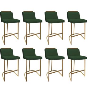 Imagem de Kit 08 Banquetas Com Encosto Confort Bistrô Cozinha Ferro Dourado Suede Verde Amey Decor