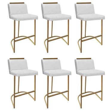 Imagem de Kit 06 Banquetas Com Encosto Confort Bistrô Cozinha Ferro Dourado Corino Branco Amey Decor