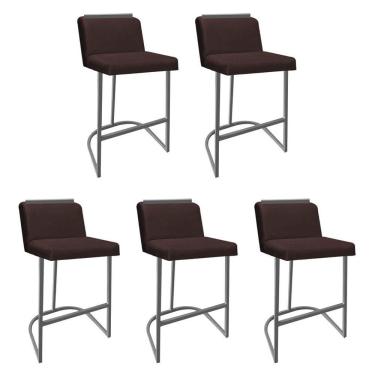 Imagem de Kit 05 Banquetas Com Encosto Confort Bistrô Cozinha Ferro Cinza Sintético Marrom Amey Decor