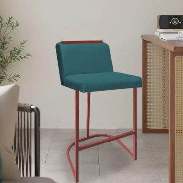 Imagem de Banqueta Com Encosto Confort Bistrô Cozinha Ferro Bronze Suede Azul Turquesa Amey Decor